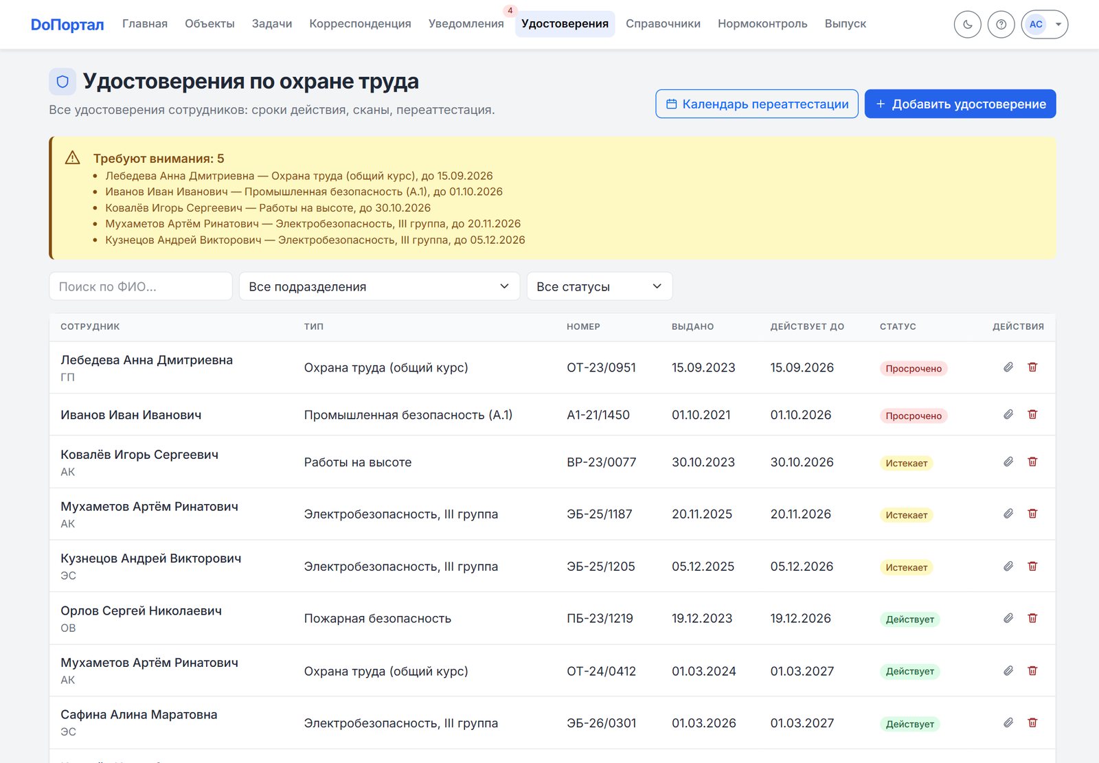 Реестр удостоверений по охране труда