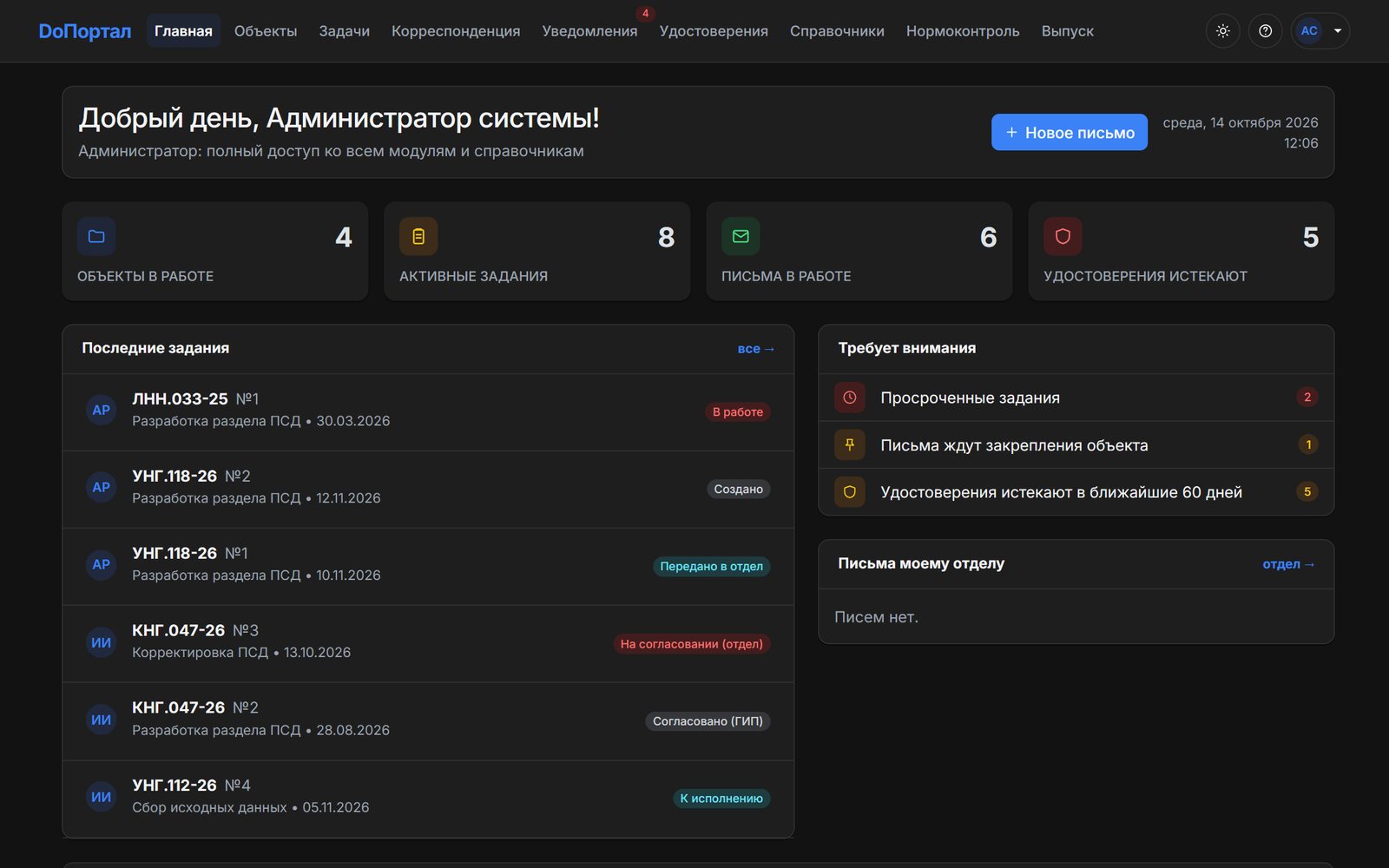 Главная страница в тёмной теме