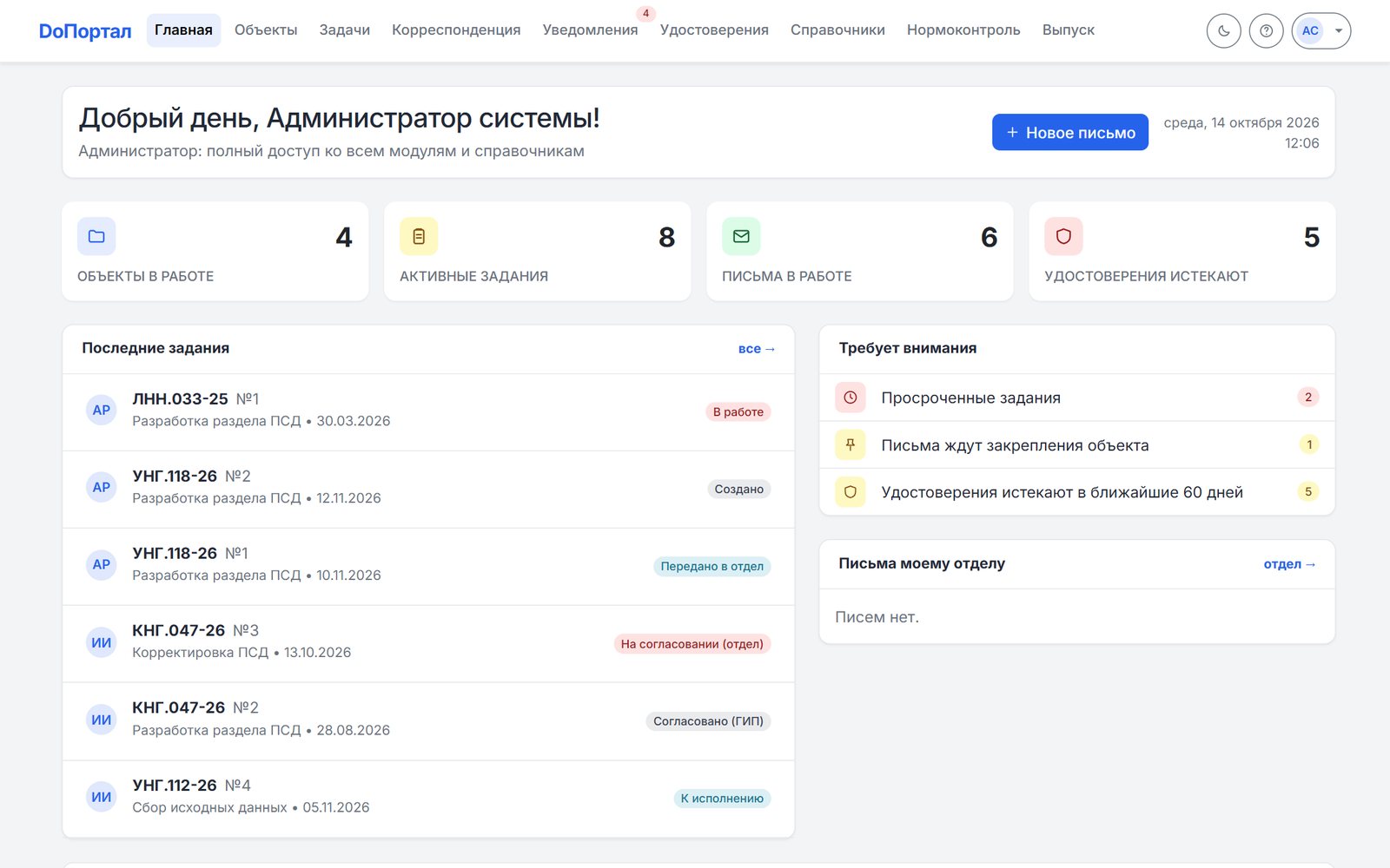 Главная страница портала: сводка по объектам, заданиям, письмам и удостоверениям