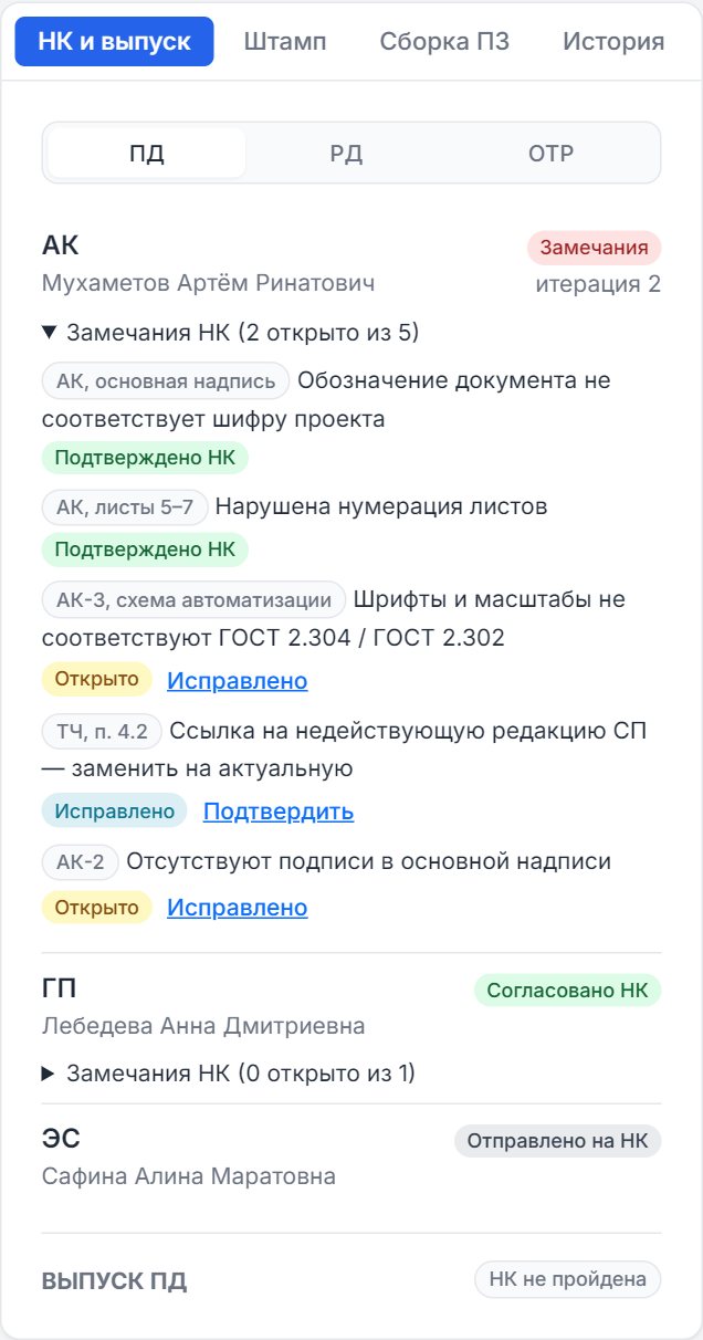 Панель нормоконтроля в карточке объекта